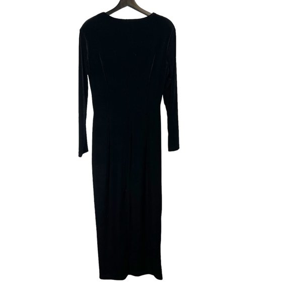 Vintage 90s Black Velvet Long Sleeve V Neck Full Length Dress Large - Picture 4 of 10